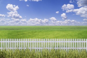 White picket fence, green grass, and blue skies.